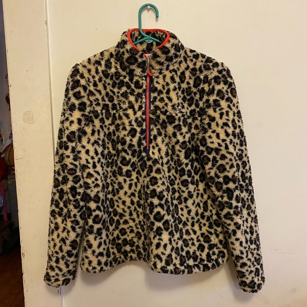 Vineyard Vines Leopard Sherpa Half-Zip Pullover in Beige, Black & Coral Trim